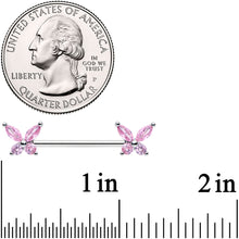 Load image into Gallery viewer, 14G 3/4 Pink CZ Gem Butterflies Barbell Nipple Ring Set