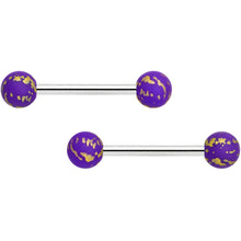 Load image into Gallery viewer, 14G 9/16 Matte Purple Splatter Barbell Nipple Ring Set