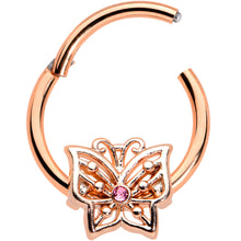 Load image into Gallery viewer, 16G 3/8 Pink CZ Gem Rose Gold Tone Butterfly Hinged Segment Ring