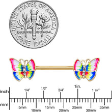 Load image into Gallery viewer, 14G 9/16 Clear Gem Gold Tone Bright Butterfly Nipple Ring Set