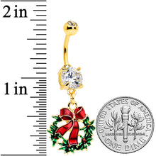 Load image into Gallery viewer, Clear CZ Gem Gold Tone Festive Bow Wreath Christmas Dangle Belly Ring