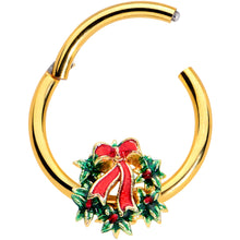 Load image into Gallery viewer, 16G 3/8 Gold Hue Festive Christmas Wreath Bow Hinged Segment Ring