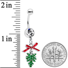 Load image into Gallery viewer, Clear Gem Pine Bough Red Bow Christmas Dangle Belly Ring