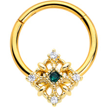 Load image into Gallery viewer, 16G 3/8 Clear Green Gem Gold Hue Noble Square Hinged Segment Ring