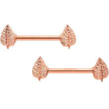 Load image into Gallery viewer, 14G 9/16 Rose Gold Tone Fall Texture Leaf Barbell Nipple Ring Set