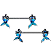 Load image into Gallery viewer, 14G 9/16 Blue Synthetic Opal Mermaid Tail Barbell Nipple Ring Set