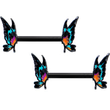 Load image into Gallery viewer, 14G 9/16 Black Sunset Butterfly Barbell Nipple Ring Set