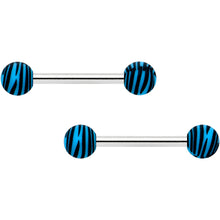 Load image into Gallery viewer, 14G 9/16 Matte Blue Zebra Stripe Barbell Nipple Ring Set
