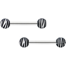 Load image into Gallery viewer, 14G 9/16 Matte Grey Zebra Stripe Barbell Nipple Ring Set