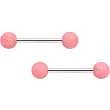 Load image into Gallery viewer, 14G 9/16 Matte Pink Splatter Barbell Nipple Ring Set