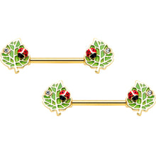 Load image into Gallery viewer, 14G 9/16 Clear Gem Gold Hue Leafy Ladybug Barbell Nipple Ring Set