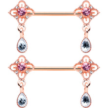Load image into Gallery viewer, 14G 9/16 Purple Grey Gem Rose Gold Tone Dangle Nipple Ring Set