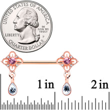 Load image into Gallery viewer, 14G 9/16 Purple Grey Gem Rose Gold Tone Dangle Nipple Ring Set