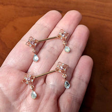 Load image into Gallery viewer, 14G 9/16 Purple Grey Gem Rose Gold Tone Dangle Nipple Ring Set
