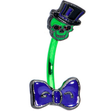 Load image into Gallery viewer, Green Top Hat Bow Tie Skull Halloween Double Mount Belly Ring
