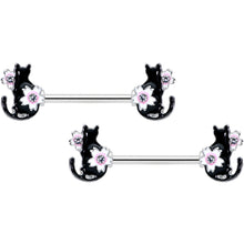 Load image into Gallery viewer, 14G 9/16 Clear Gem Flowers Black Cat Barbell Nipple Ring Set