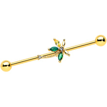 Load image into Gallery viewer, 14G Clear Green Gem Gold Tone Palm Tree Industrial Barbell 38mm