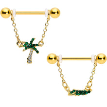 Load image into Gallery viewer, 14G 5/8 Green Gem Gold Hue Gator Palm Tree Dangle Nipple Ring Set