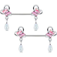 Load image into Gallery viewer, 14G 9/16 Heart Pink Butterfly Dangle Barbell Nipple Ring Set