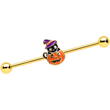 Load image into Gallery viewer, 14G Gold Tone Black Cat Witch Halloween Industrial Barbell 38mm