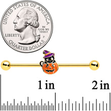 Load image into Gallery viewer, 14G Gold Tone Black Cat Witch Halloween Industrial Barbell 38mm