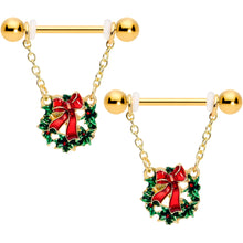 Load image into Gallery viewer, 14G 5/8 Gold Tone Festive Wreath Christmas Dangle Nipple Ring Set