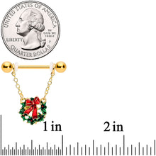 Load image into Gallery viewer, 14G 5/8 Gold Tone Festive Wreath Christmas Dangle Nipple Ring Set