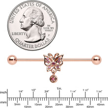 Load image into Gallery viewer, 14G Pink CZ Gem Rose Gold Tone Butterfly Industrial Barbell 38mm