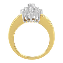 Load image into Gallery viewer, 10K Yellow Gold 1.0 Cttw Round & Baguette Cut Diamond Floral Cluster Double-Channel Flared Band Statement Ring (H-I Color, SI2-I1 Clarity) - Size 6-1/2
