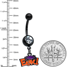 Load image into Gallery viewer, Clear Gem Black Eek Purple Spider Halloween Dangle Belly Ring