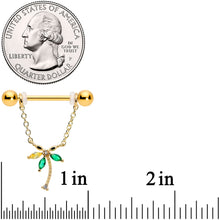 Load image into Gallery viewer, 14G 9/16 Green Gem Gold Hue Palm Tree Chain Dangle Nipple Ring Set