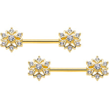 Load image into Gallery viewer, 14G 9/16 Clear Gem Gold Tone Flower Snowflake Christmas Nipple Ring Set