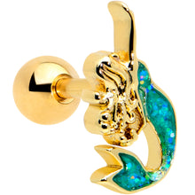 Load image into Gallery viewer, 16G 1/4 Green Faux Opal Gold Hue Curvy Mermaid Cartilage Tragus