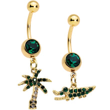 Load image into Gallery viewer, Green Gem Gold Tone Gator Palm Tree Dangle Belly Ring Set of 2