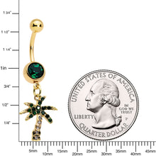 Load image into Gallery viewer, Green Gem Gold Tone Gator Palm Tree Dangle Belly Ring Set of 2