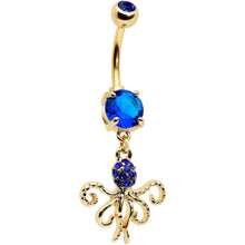 Load image into Gallery viewer, Blue Gem Gold Tone Textured Blue Octopus Dangle Belly Ring