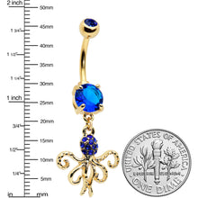 Load image into Gallery viewer, Blue Gem Gold Tone Textured Blue Octopus Dangle Belly Ring