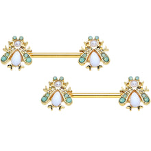 Load image into Gallery viewer, 14G 5/8 White Gem Gold Tone Snow Bug Barbell Nipple Ring Set