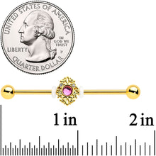 Load image into Gallery viewer, 14G Clear Pink Gem Gold Tone Lace Love Industrial Barbell 38mm