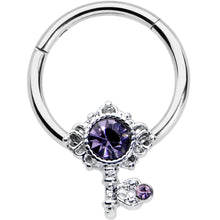 Load image into Gallery viewer, 16G 3/8 Purple Gem Unlock My Heart Key Hinged Segment Ring