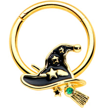 Load image into Gallery viewer, 16G 3/8 Gold Tone Witch Hat Broom Halloween Hinged Segment Ring