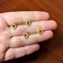Load image into Gallery viewer, 14G 9/16 Pink Gem Gold Hue Open Lace Love Barbell Nipple Ring Set