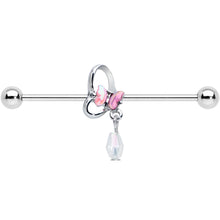 Load image into Gallery viewer, 14G Heart Pink Butterfly Dangle Industrial Barbell 38mm