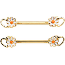 Load image into Gallery viewer, 14G 9/16 Gold Tone Daisy Flower Heart Barbell Nipple Ring Set