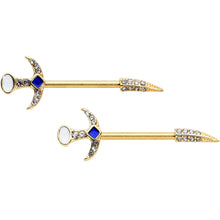 Load image into Gallery viewer, 14G 9/16 Clear Gem Gold Tone Sabre Sword Barbell Nipple Ring Set
