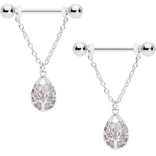 Load image into Gallery viewer, 14G 9/16 Pink Rose Quartz Drop Tree Chain Dangle Nipple Ring Set