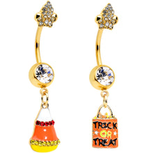 Load image into Gallery viewer, Clear Red Gem Gold Hue Candy Corn Treat Bag Dangle Belly Ring Set of 2