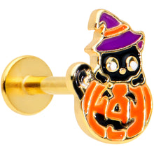 Load image into Gallery viewer, 16G 5/16 Gold Tone Pumpkin Black Cat Halloween Labret Tragus