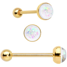 Load image into Gallery viewer, White Faux Opal Rainbow Infinity Heart Barbell Tongue Ring Set of 3