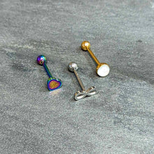 Load image into Gallery viewer, White Faux Opal Rainbow Infinity Heart Barbell Tongue Ring Set of 3